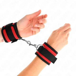Fesselset Nylon Bind-Handhandfesseln mit Klettverschluss Rot-Schwarz Modell 2 Verstellbar