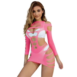 Kleid Langärmeliges elastisches Netzkleid Rosa Einheitsgröße