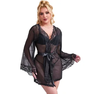 Negligé Transparenter Stoffmantel mit Spitzendetail Schwarz S/M