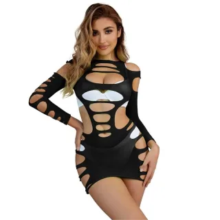 Kleid Langärmeliges elastisches Netzkleid Schwarz Einheitsgröße