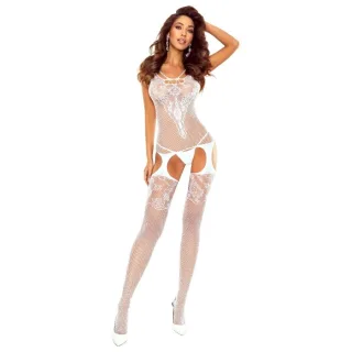 Bodystocking Weißer Strumpfhalter-Effekt-Body Weiß