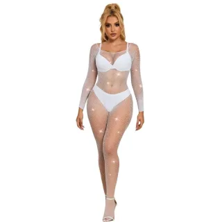 Netz-Bodystocking mit Diamanten Langarm Weiß Einheitsgröße