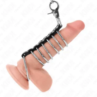 Penisringe 7er Metall mit Leder und Metallkette Schwarz
