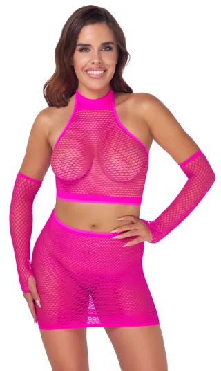 Pinkes Netz Dessous Set S-L – 3-teilig mit Top, Minirock &amp; Armstulpen