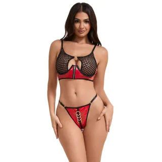 Dessous-Set aus Lackleder und Netz mit Reißverschluss Rot L/XL