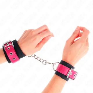 Fesselset Nylon-Handgelenkfesseln Schwarz mit Kunstledergürtel Himbeerrosa Verstellbar 19 cm