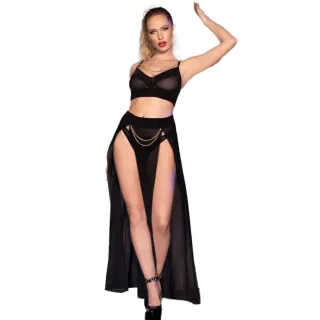 String Top-Rock und Tanga mit Goldketten Schwarz L