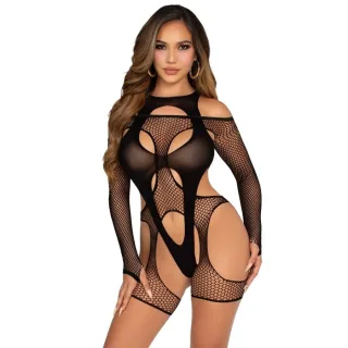 Strapsset Netz-Bodysocking mit Strumpfgürtel und Harness Schwarz