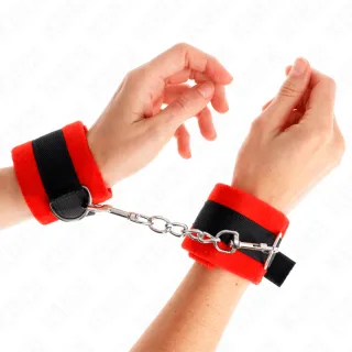 Fetisch-Toy KINK Handfesseln aus rotem Plüsch mit schwarzem Band Rot 30 x 7 cm