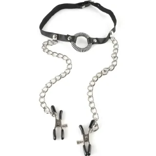 Knebel O-Ring Gag with Nipple Clamps Schwarz
