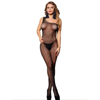 One Shoulder Fishnet Bodystocking mit Diamanten Schwarz Einheitsgröße