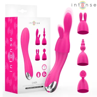Rabbit-Vibrator Intense Cher mit vier Wechselaufsätzen Pink 18,2 x 4 cm