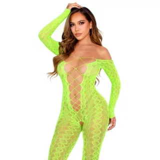 Bodystocking ohne Schritt aus Schlangenspitze in Neongrün