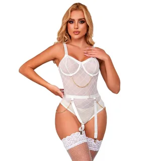 Dessous-Set Körper mit Ketten + Strumpfgürtel Weiß S/M