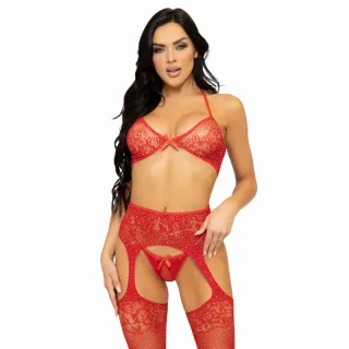 Dreiteiliges Set BH String und Strumpf Rot Einheitsgröße