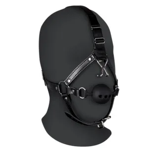 Kopfharness mit atmungsaktivem Ballknebel und Nasenhaken Schwarz
