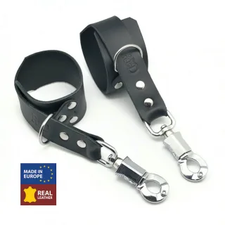 Leder-Handschellen mit Anti-Panik-Karabiner Schwarz