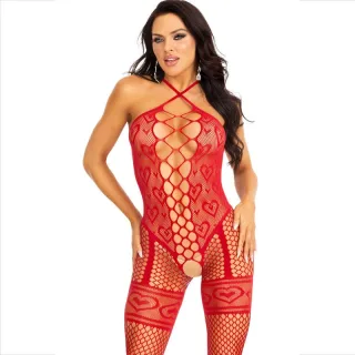 Bodystocking mit Herzmuster und Neckholder Rot