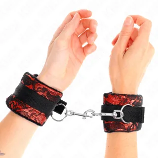 Fetisch-Toy KINK Handfesseln aus roter Spitze auf Nylon Rot 23 x 6,5 cm