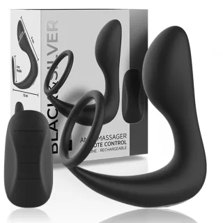 Analplug Black&Silver Anal Massager mit Penisring, Vibration und Fernbedienung aus Silikon Schwarz