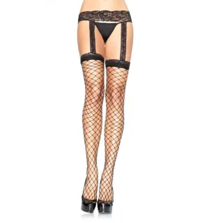 Strapsstrumpfhose aus Rautennetz mit Spitzenbund Schwarz
