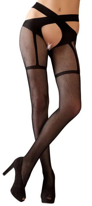 Netzstrümpfe mit gekreuzten Hüfthaltern Schwarz