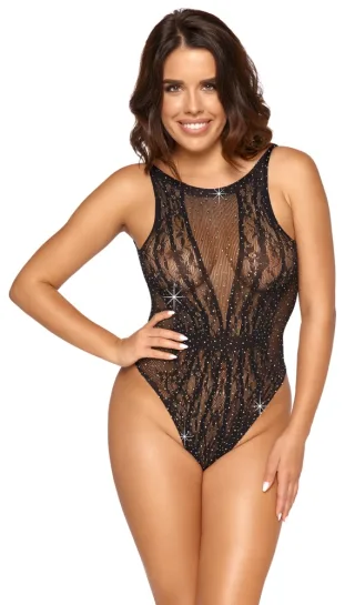 Body Schwarz S-L – Semi-transparenter Body mit Allover-Strass &amp; Rücken-Cut-out