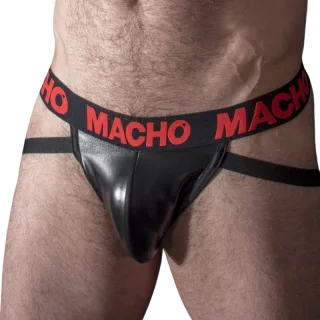 Jockstrap MX25RC aus Kunstleder Schwarz mit rotem Schriftzug Größe S