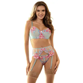 BH-Set mit Blumenstickerei Blau und Rosa L/XL