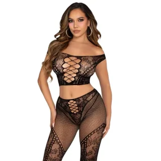 Dessous-Set Zweiteilig aus Netz und Spitze mit Crop-Top und Leggings Schwarz