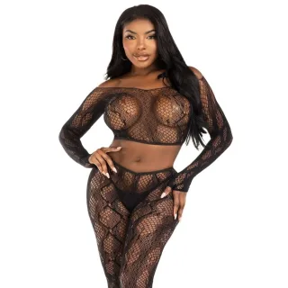 Dessous-Set Zweiteilig aus Netz mit Schlangenmuster und Strumpfhose ohne Fuß Schwarz