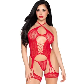 Strapsset Spitzenbody mit Beinriemen und String Rot