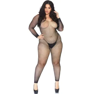 Bodystocking Netz mit Strass langarm Übergröße Schwarz
