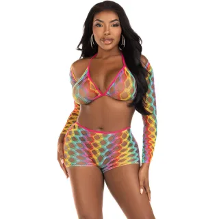 Dessous-Set Dreiteilig aus Netz mit Regenbogenmuster Bunt