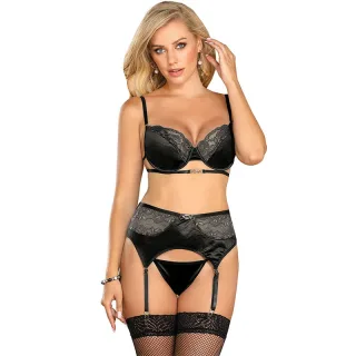 Strapsset Satin und Spitze Schwarz S/M