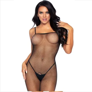 Bodystocking Feinnetz mit geradem Ausschnitt ohne Schritt Schwarz