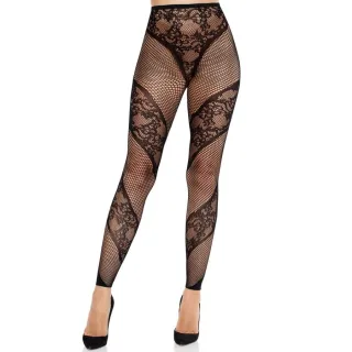 Strumpfhose ohne Fuß aus Netz mit diagonaler Spitze Schwarz