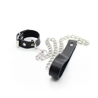 Penisfessel Ohmama Fetish aus Leder mit Kette und Schlaufe Schwarz
