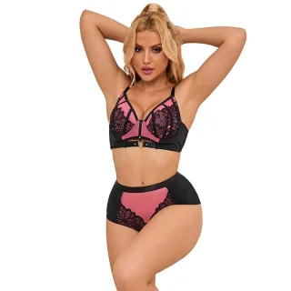 BH-Set Wetlook mit Spitze Schwarz und Rosa L/XL