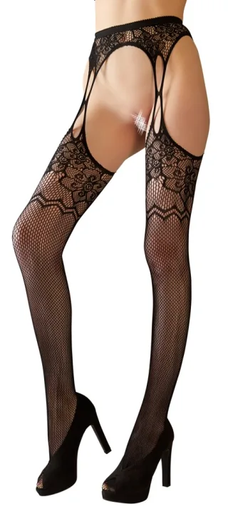 Straps-Strumpfhose Schwarz S-L – Ouvert mit floraler Netzstruktur &amp; Strapsgurt-O...