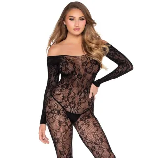 Bodystocking Blumenspitze Off-Shoulder Schwarz