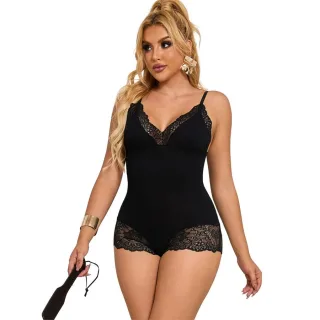 Body mit Spitzenbesatz Schwarz S/M