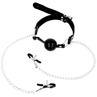 Knebel Ohmama Fetish mit Ball und Nippelklemmen Schwarz