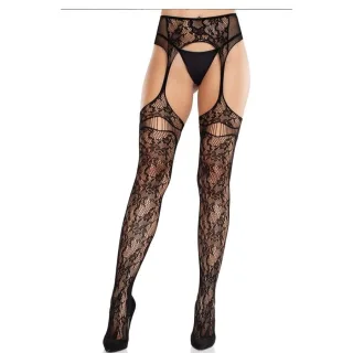 Strapsstrumpfhose aus Blumenspitze Schwarz