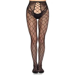 Strumpfhose aus Rautennetz mit Spitzenbund und offenem Schritt Schwarz