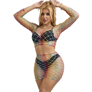 Dessous-Set Netz Regenbogen langärmelig Einheitsgröße