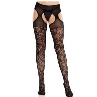 Strapsstrumpfhose aus Blumenspitze mit Hüftausschnitten Schwarz