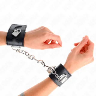 Fetisch-Toy KINK Handfesseln abschließbar mit zwei Schlössern Schwarz 23 cm