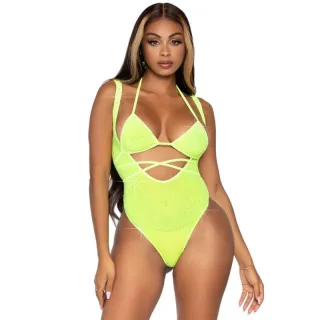 Dessous-Set Zweiteilig mit Strass aus Body und Bikini-Top Neongelb