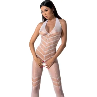 Bodystocking Passion Woman mit Querstreifen und Neckholder Weiß Einheitsgröße